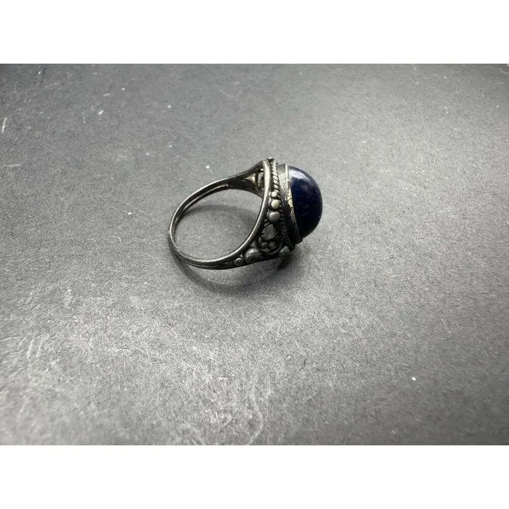 Vintage Lapis Lazuli Oval Filigree Silver Tone Women's Cocktail Band Ring